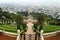 A beautiful panoramic picture of the Bahai Gardens in Haifa Israel. View from a height of a staircase with terraces extending all