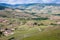 Beautiful panoramic and picturesque view of the Beaujolais wine region and the blooming vineyards at spring