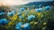 Beautiful panoramic scenery with blue flowers and bokeh background