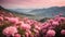 Beautiful panoramic scenery with pink flowers and bokeh background