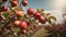 Beautiful panoramic scenery with red apples on branches on a sunny day
