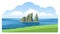 Beautiful panoramic seascape with Kicker Rock, green coastline, big fluffy clouds. Ocean scenic view. Hand-drawn vector