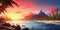 Beautiful panoramic seascape at sunset with island, sand beach and palm trees in tropical sea.