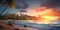 Beautiful panoramic seascape at sunset with island, sand beach and palm trees in tropical sea.