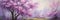 Beautiful panoramic spring landscape with blooming trees. Digital oil painting in purple tones, impasto. Horizontal wall art