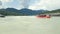 Beautiful panoramic view of the beautiful calm Katun river with small rapids. Bright white water rafting in the Altai region