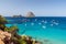 Beautiful panoramic view of  Cala Hort and the mountain Es Vedra. Balearic Islands, Spain