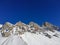 Beautiful panoramic view of the Cima Uomo group in the Dolomites at Pass San Pellegrino and the ski slopes