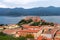 Beautiful panoramic view of the city Portoferraio and Stella fortress of Elba island. Italy