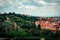 Beautiful panoramic view Florence Firenze, Italian renaissance churches. Summer scenery. Sunny day, blue sky with cumulus clouds.