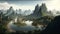 Beautiful panoramic view of karst mountains in China. Generative AI