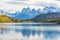 Beautiful panoramic view of lake with Cuernos, horn mountains peak with lenticular cloud in autumn, Torres del Paine national park