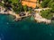 Beautiful panoramic view of Lovran village and its sea shore in Croatia. Top view photo taken on drone