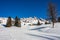 Beautiful panoramic view of the Marmolada group in the Dolomites at Pass San Pellegrino and the ski slopes