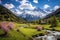 Beautiful panoramic view of the mountains in Switzerland during spring, Idyllic mountain landscape in the Alps with blooming