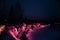 Beautiful panoramic view of night park with colorful lights Viva Magenta on winter forest and rocks, Ruskeala, Karelia