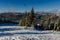 Beautiful panoramic view over the `Marisel` ski slope in winter season and Belis lake in the valley, Cluj county Romania