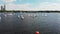 Beautiful panoramic view. Small sailing boats on the river, Competition. Regatta. Racing sailing sports courts. Training