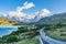 Beautiful panoramic view of stone road with aqua blue Pehoe lake and background of nature cuernos mountains peak with cloud in
