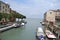 Beautiful panoramic view to modern canal streets and the Venice lagoon in a sunny spring day.