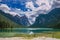 Beautiful and panoramic view of Toblacher See, Italian: Lago di Dobbiaco in South Tyrol, Italy