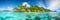 Beautiful panoramic view of a tropical beach with bungalows on the sea, illustrator ai generative