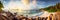 Beautiful panoramic view of a tropical beach at sunset, illustrator ai generative