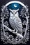 A beautiful paper_cut with a wise owl, perched on a branch of atree, in a forest with the moon, night scene, animal art