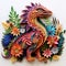 Beautiful papercut quilling paper filigree Dinosaur colorful flowers Generative AI