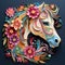 Beautiful papercut quilling paper filigree horse colorful flowers Generative AI