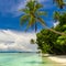 Beautiful Paradise Island -  landscape of tropical beach - calm ocean, palm trees, blue sky