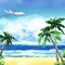 Beautiful paradise tropical island with ocean, sandy beach, palm trees, rocks, flying airplane on sky, summer time