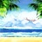 Beautiful paradise tropical island with ocean, sandy beach, palm trees, rocks, flying airplane on sky, summer time