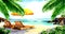 Beautiful paradise tropical island with sandy beach, palms, sea, ocean, chairs, deckchairs, umbrella. Holiday, relax