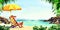 Beautiful paradise tropical island with sandy beach and palms, sea, ocean. Man is resting on chair under umbrella