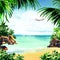 Beautiful paradise tropical island with tropical beach, ocean, sandy beach, palm trees, rocks, flying airplane on sky
