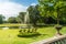 Beautiful park with pond with fountain