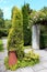 Beautiful parks and gardens - roses and thuja with terracota pottery