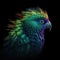 Beautiful Parrot In Green Purple Fire On Black Background Dazzling And Radiant. Generative AI