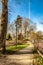 Beautiful partial view of the Proosdij park with a dirt path next to the pond with trees