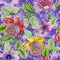 Beautiful passion flowers passiflora on climbing twigs with leaves and tendrils on purple background. Seamless floral pattern.