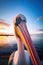 Beautiful pastel skies and serene lake with a single Australian pelican