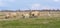 Beautiful pastoral  scenery in spring, with a flock sheep grazing on a pasture by the river