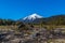 Beautiful Patagonian volcano in a forest lit by the rising sun of Patagonia