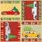 Beautiful patchwork Christmas design with reindeer, trucks, cars and Christmas trees in red, green, gold. Seamless