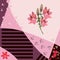 Beautiful patchwork pattern with bunch of pink lilies, various tiny flowers and stripes in vector