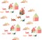 Beautiful patchwork pattern with cartoon houses, dogs and clouds