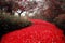 Beautiful path of red rose petals with trees in misty forest.