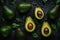 Beautiful pattern of green avocados on wet black background with water droplets. Generative AI