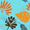 Beautiful pattern of tropical leaves freehand drawing. Sketch of monstera leaves and other tropical plants orange on blue